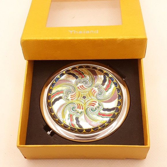Thailand Silver Toned Multi Colored Swirl Compact Mirror - Picture 1 of 11